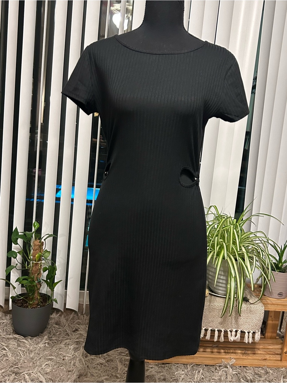 Derek Heart Black Ribbed Short Sleeve Dress with Side Cutouts